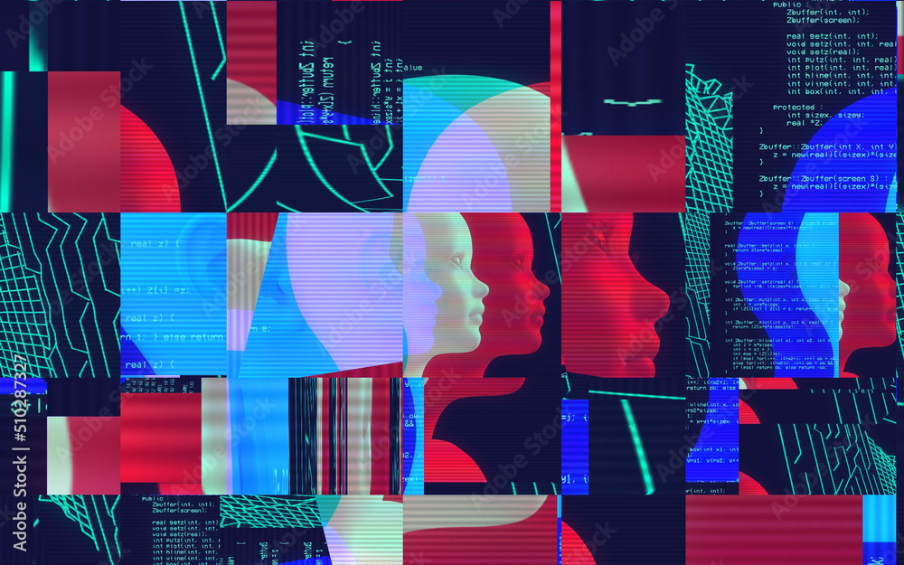 3d portrait of a man with glitch effect. Cyberpunk style. Conceptual