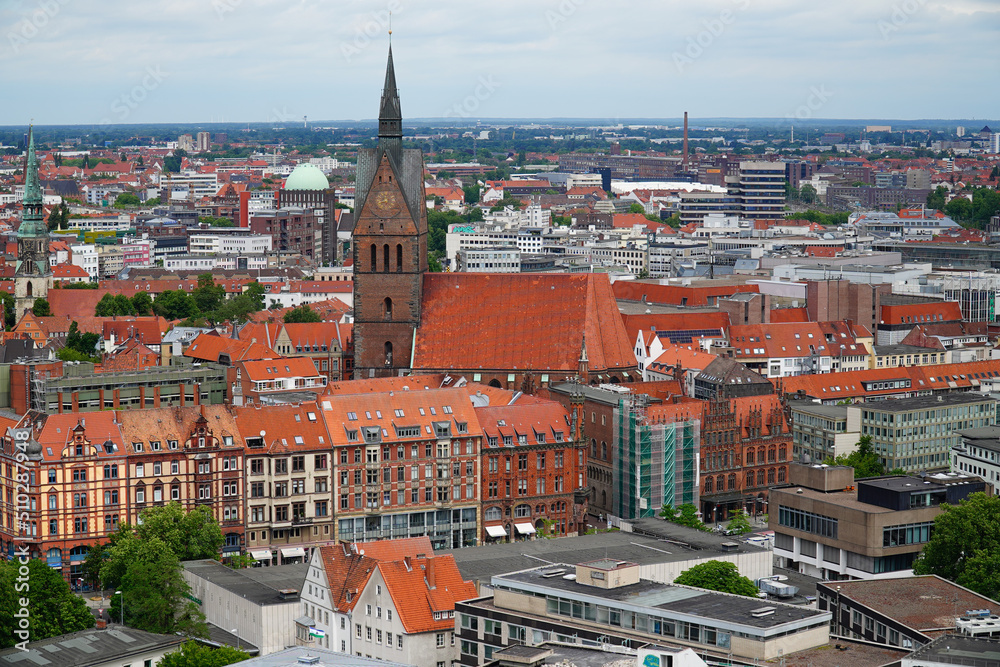 Fototapeta premium View from the dome on the tower of the city hall in Hannover, Lower Saxony, Germany. Overview of the city, Friedrichswall street, market church and city hall.