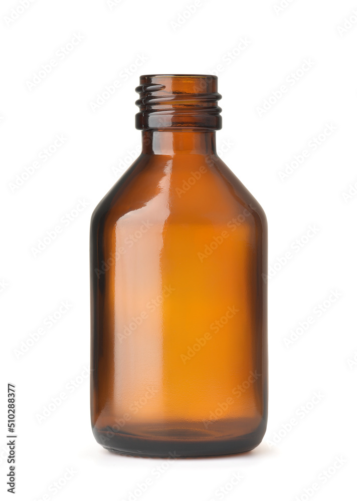 Front view of empty amber pharmacy glass bottle