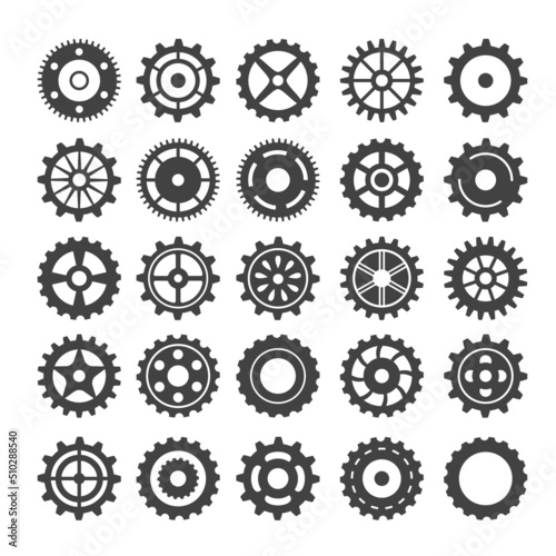 Set of different gear wheel. Isolated on white background. Black and white. Vector illustration.