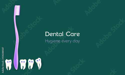 Teeth and toothbrush dental care every day hygiene concept funne banner with smiling emoji faces.  Dentistry health care teeth checkup and cleaning oral procedures with tooth brush on teal background