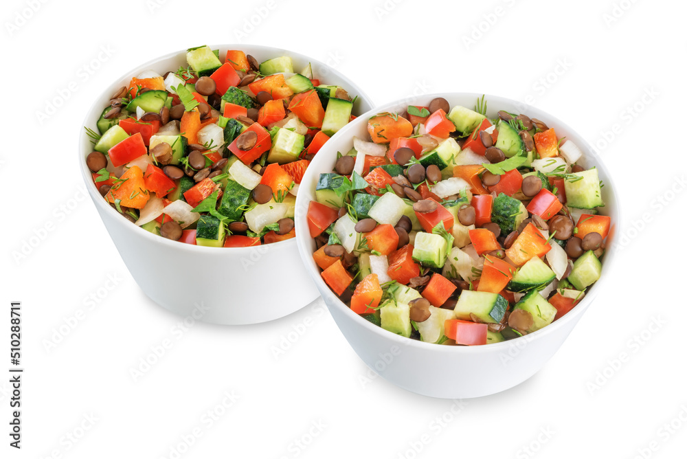 Lentil red bell pepper cucumber salad in a bowl on a white isolated background Lentil red bell pepper cucumber salad in a bowl on a white isolated background