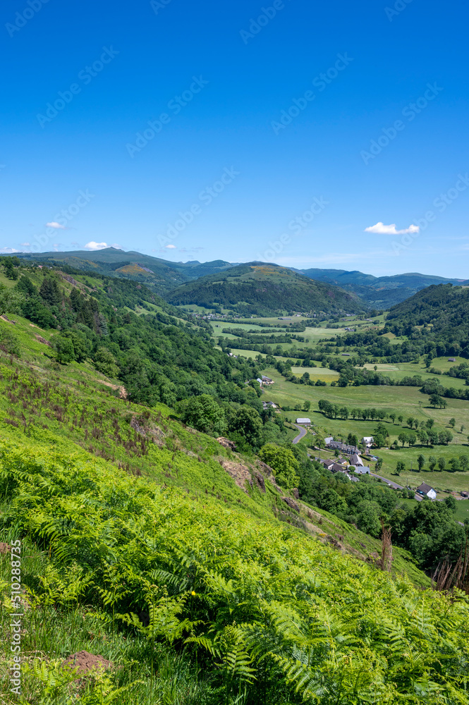 Paysage des Monts du Cantal au printemps autour du village de Salers