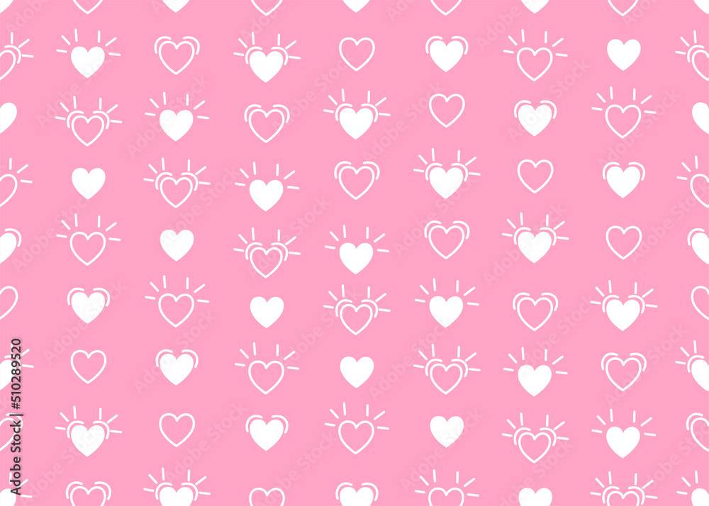 Hand drawn icon hearts seamless pattern. Vector illustration, pink background.
