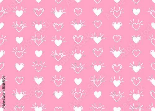 Hand drawn icon hearts seamless pattern. Vector illustration, pink background.