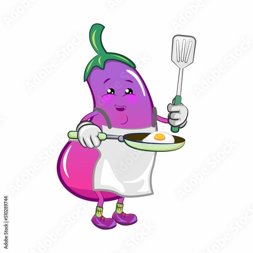 vector mascot character from eggplant cartoon frying an egg