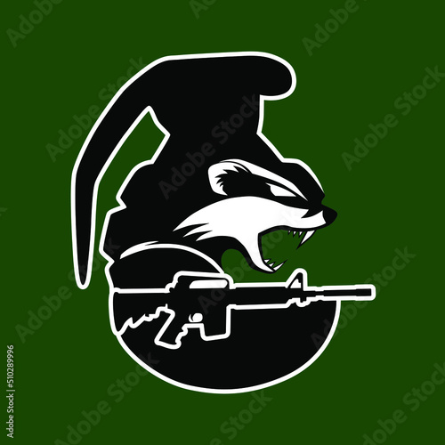 Vector abstract. Raccoon with a grenade and a machine gun. Vector logo