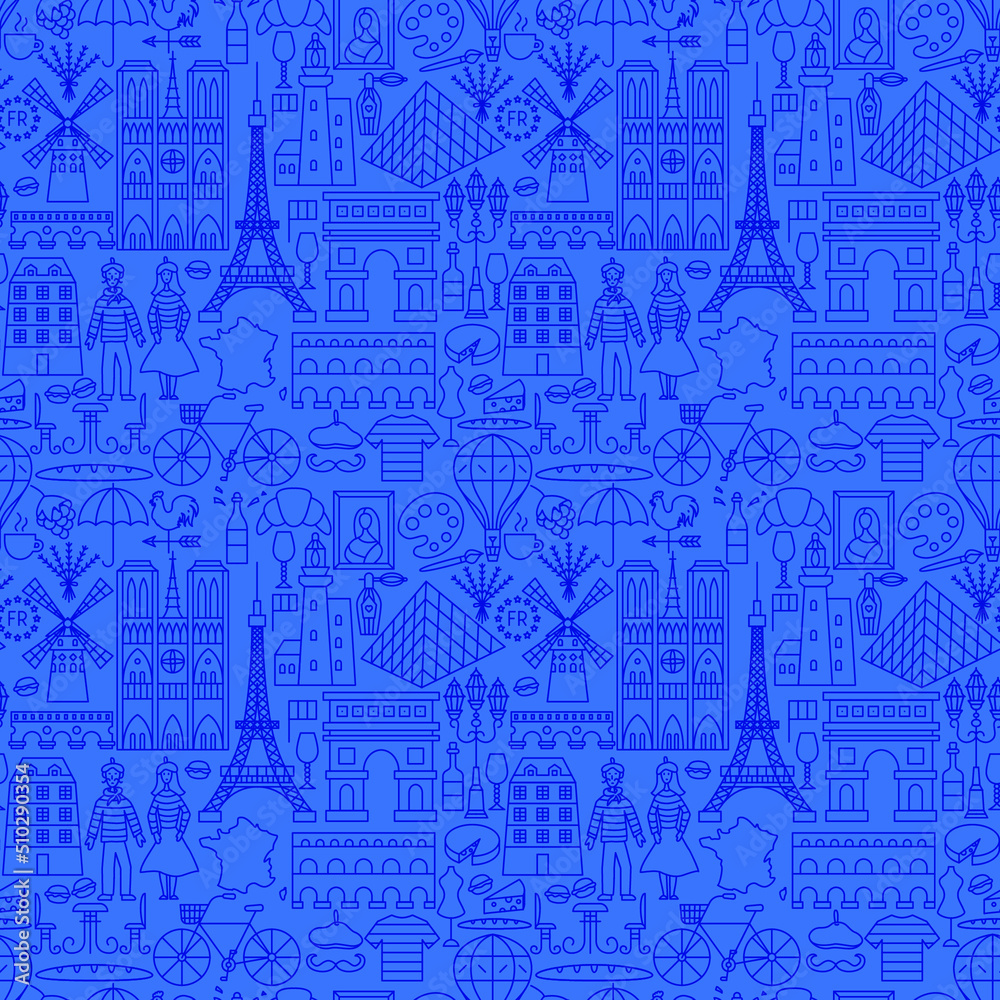 Obraz premium France Culture Line Seamless Pattern. Vector Illustration of Outline Background.