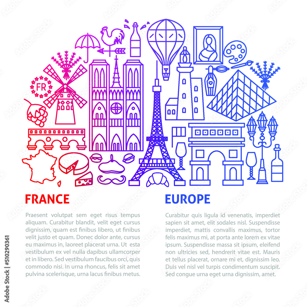 France Europe Line Template. Vector Illustration of Outline Design.