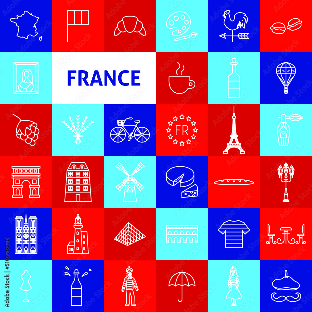 France Line Icons. Vector Thin Outline Country Symbols.