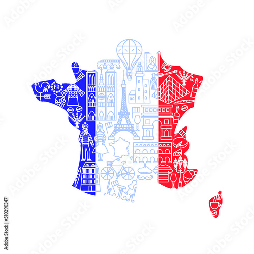 France Country Map. Vector Thin Outline National Symbols.