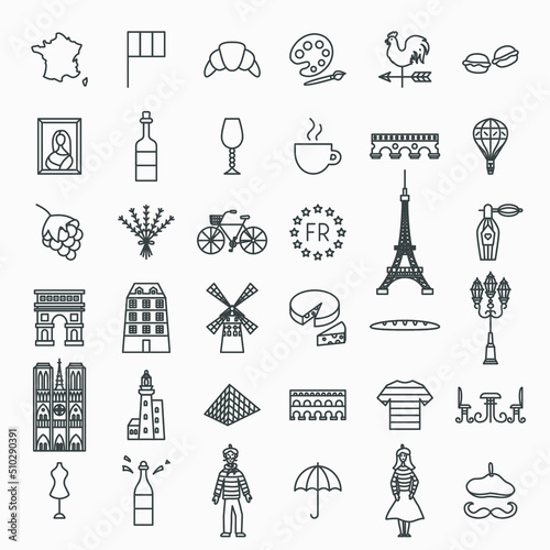 France Line Icons Set. Vector Thin Outline Country Symbols.