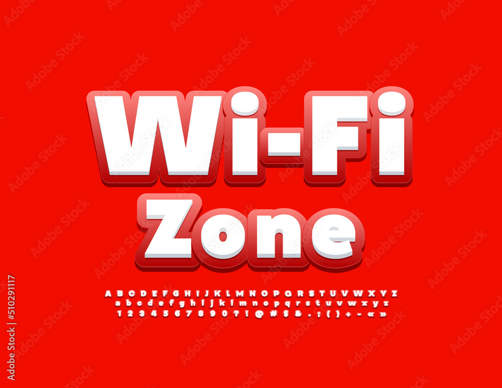 Vector information sign Wi-Fi Zone. Re and White modern Font. Bright Alphabet Letters, Numbers and Symbols set