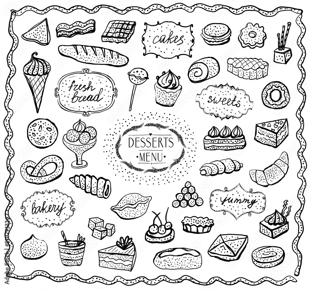 Chalk desserts and baked goods graphic set