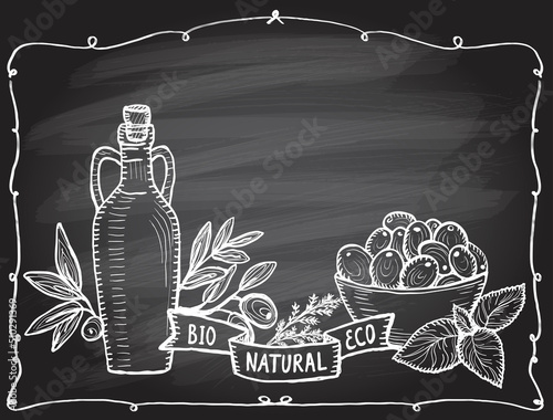 Graphic vector illustration with bottle of olive oil and fresh olives in bowl on a chalkboard