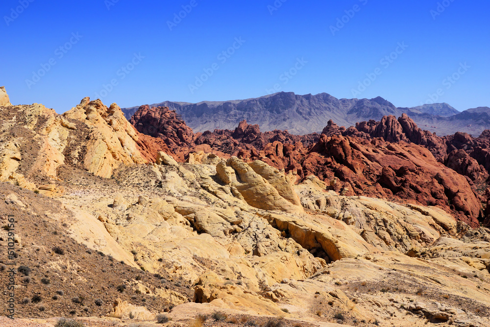 Multiple colors of Fire Canyon in the desert of Valley of Fire State Park, Nevada, USA