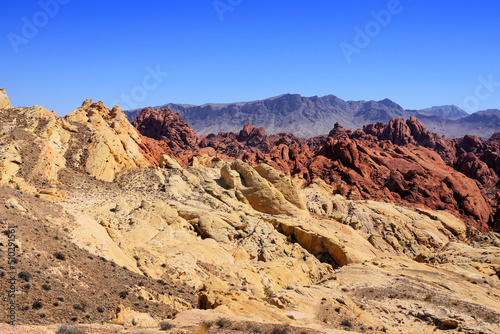 Multiple colors of Fire Canyon in the desert of Valley of Fire State Park, Nevada, USA