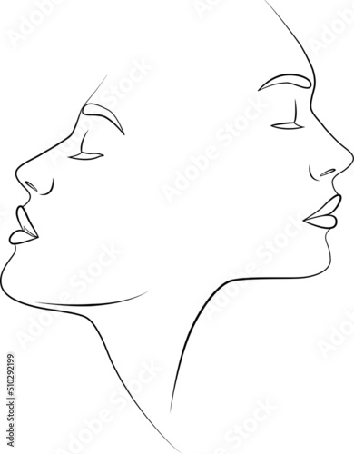 One line. Two faces in one line. Couple print, kiss print. Portrait. Face. Fashionable vector image.