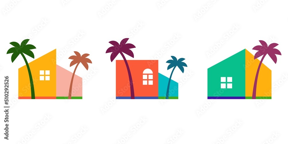 Set of colorful tropical house logo. house with palm tree logo vector, hawaii tropical beach home or hotel icon design illustration