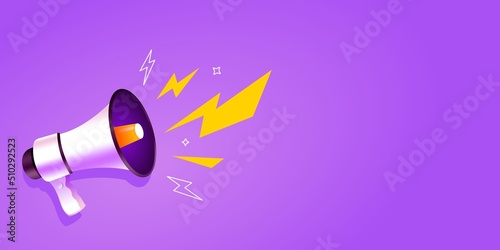 bullhorn vector on purple background. shouting megaphone lightning vector Illustration on violet banner background, concept of join us, job vacancy and announcement in modern flat cartoon style design photo
