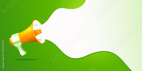3d realistic orange megaphone shouting vector Illustration on green background, concept of join us, job vacancy and announcement in modern cartoon style design. 