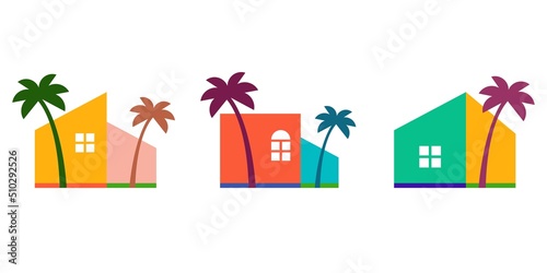 Set of colorful tropical house logo. house with palm tree logo vector, hawaii tropical beach home or hotel icon design illustration