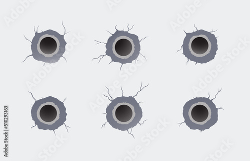 Circle holes on white metal from gun bullets make texture break and Grunge. Vector set of bullet marks on texture.