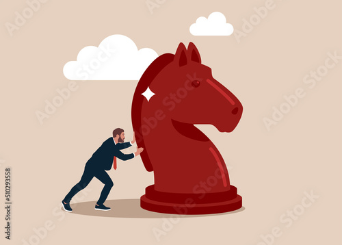 Business strategy and logics concept. Smart entrepreneur moving horse, playing game. Flat vector illustration isolated.