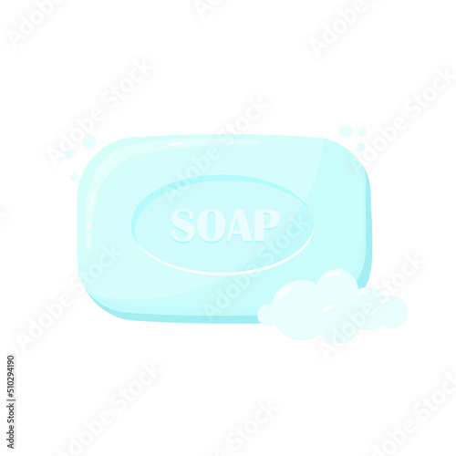 Soap icon. Bar soap blue color bubbles. Vector illustration for design and print
