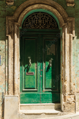 dilapidated shabby green door on an old building. Fish-shaped door handles