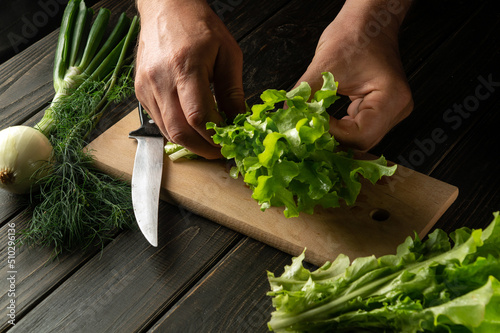 The chef is preparing a salad on the cutting board of the kitchen. Close-up of cook hands on the table while preparing diet food.
