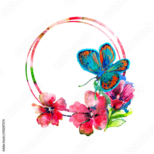 Wallpaper Mural Round naturalistic drawing of red watercolor flowers and a blue butterfly