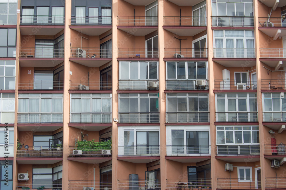 facade with balconies of an apartment building in Madrid. Spain facade with balconies of an apartment building in Madrid. Spain