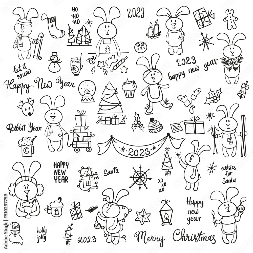 Christmas Doodle Winter New Year Rabbit 2023 black and white set. Vector illustration for happy new year poster, card etc. 