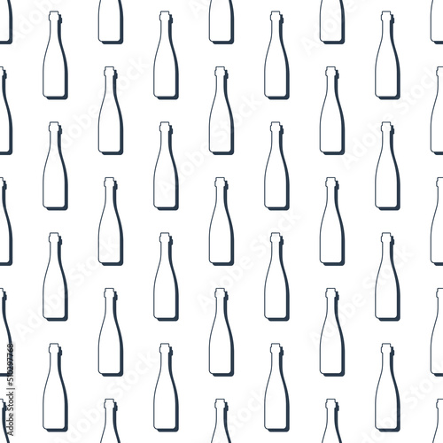 Wine bottles seamless pattern. Line art style. Outline image. Black and white repeat template. Party drinks concept. Illustration on white background. Flat design style for any purposes