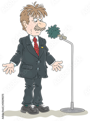 Government official looking confused and making an important statement at a press conference, vector cartoon illustration isolated on a white background
