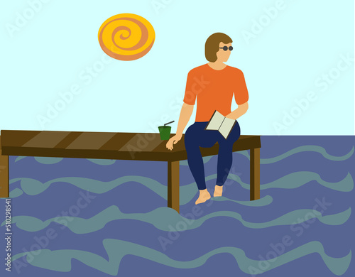 Man or woman reading book on pier vector illustration. design of freedom concept idea. Copy space on sunny blue sky.
