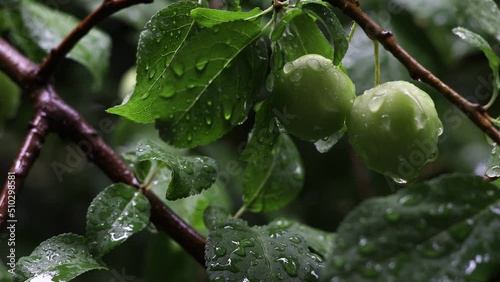 raindrops on green plums and leaves in the garden

