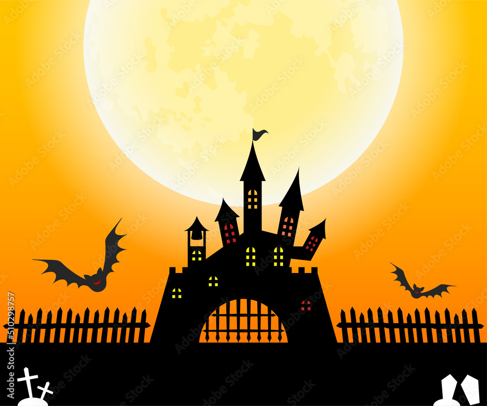 ハロウィンのバナー（PCスマホ共通）、お城とコウモリ、満月と墓場