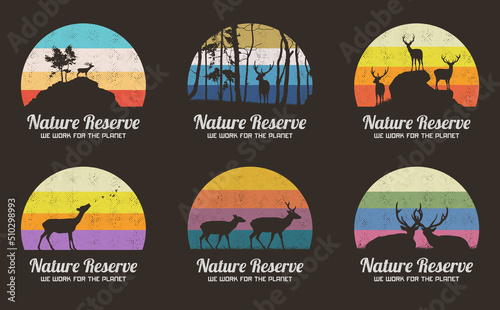 Deer family. Animal silhouette. Nature reserve. Retro t-shirt design