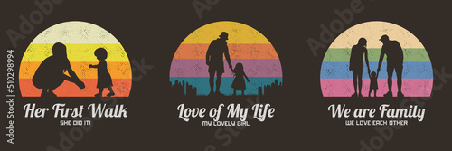 Family silhouette. Father, mother and child. Retro vintage t-shirt set