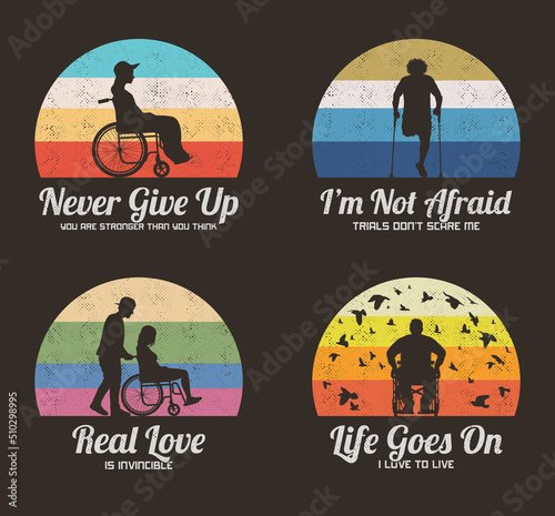 People in wheelchair. Man on crutches. Disabled person silhouette set.