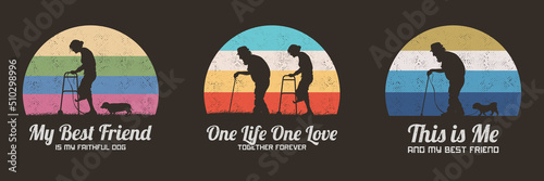 Elderly couple silhouette. Old people and dog. Retro vintage t-shirt