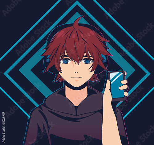 anime male with smartphone