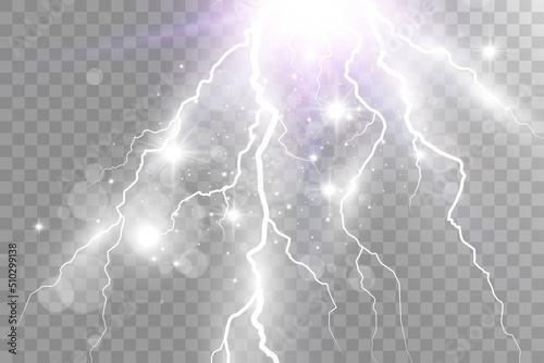 Vector image of realistic lightning. Flash of thunder on a transparent background.
