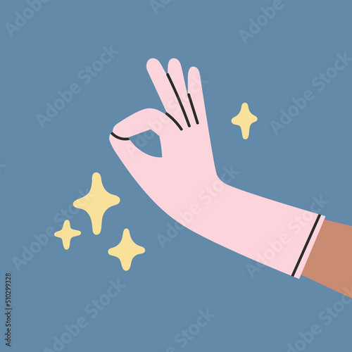Poster with hand in rubber glove which is showing a sign - it's ok. Dish wash, house cleaning, disinfection. Protection of hands from household chemicals.
Colorful hand drawn vector illustration.