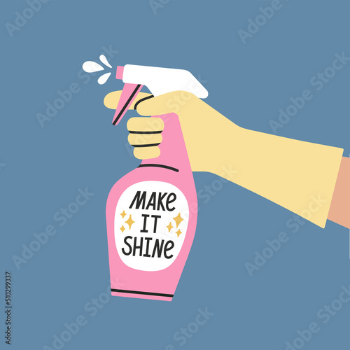 Poster with hand in rubber glove holding a cleaner in spray. For glass and mirrors. House cleaning, disinfection. Protection of hands from household chemicals.
Colorful hand drawn vector illustration.