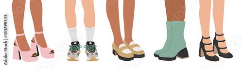 Set with women's legs in boots, high heeled shoes, sandals, loafers, moccasins, sneakers. 
Foot, feet. Stylish footwear for sport, parties etc. Fashion and lifestyle. Hand drawn vector illustration.