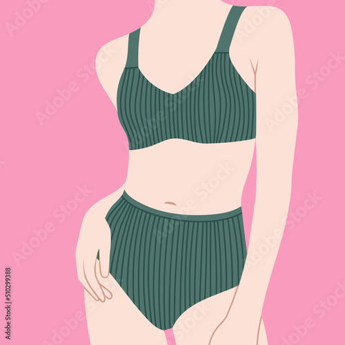 Illustration of woman in underwear. Body positive and self love, self care concept. Stylish lingerie. Fashion accessories. Hand drawn vector illustration in trendy colors. Flat design