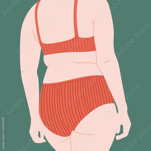 Illustration of woman in underwear. Body positive and self love, self care concept.
Stylish lingerie. Fashion accessories. Hand drawn vector illustration in trendy colors. Flat design